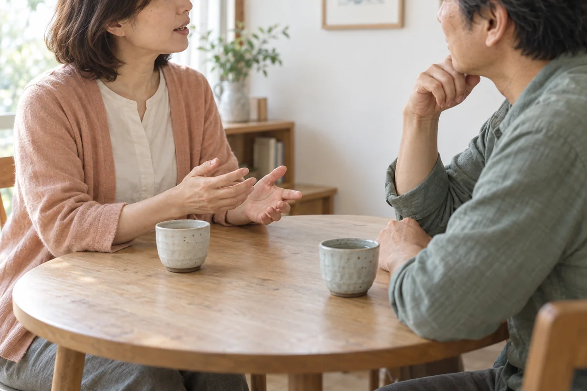 テーブルを囲み、落ち着いて話を聞く相談のイメージ（AI生成）