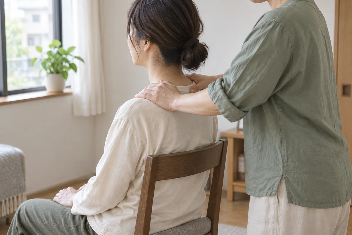 服の上から肩のもみほぐしを受ける様子のイメージ（AI生成）